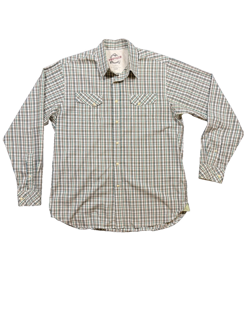 Wrangler Jeans Co Mens Large Plaid Long Sleeve Pearl Snap Shirt Brown Blue